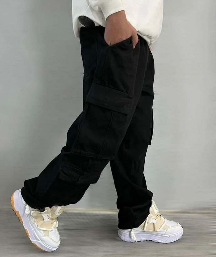 شلوار اسلش کارگو مشکی 8 جیب پارچه جین