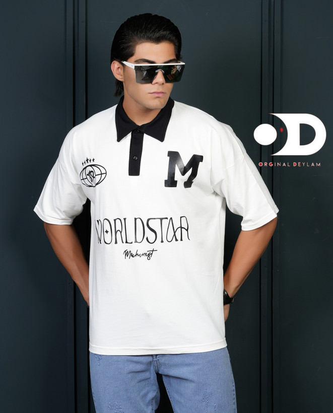 تیشرت لش باکسی یقه دار رنگ سفید