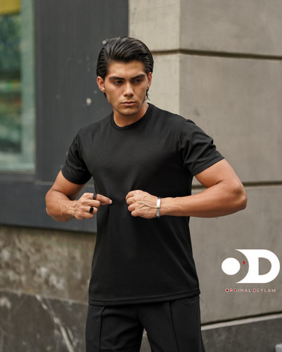 Men's Black T-Shirt Round Neck Textured Ultra Quality Wicker Fabric