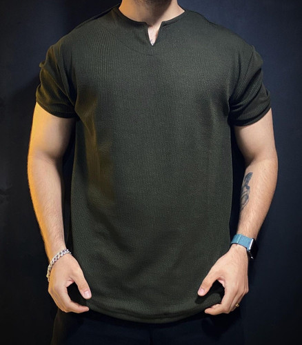 تیشرت یقه کوبایی پارچه میله ای رنگ سبز یشمی شیک