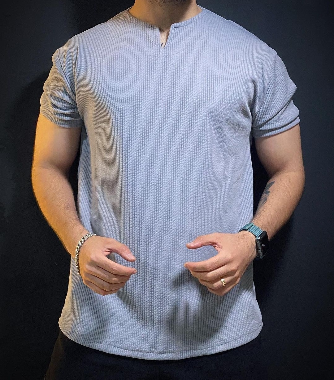 Cuban Collar T-Shirt Bar Fabric Grey Color Chic - Super Cool and Delicate Replica