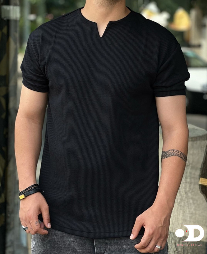 تیشرت یقه کوبایی پارچه میله ای رنگ مشکی کد ku346