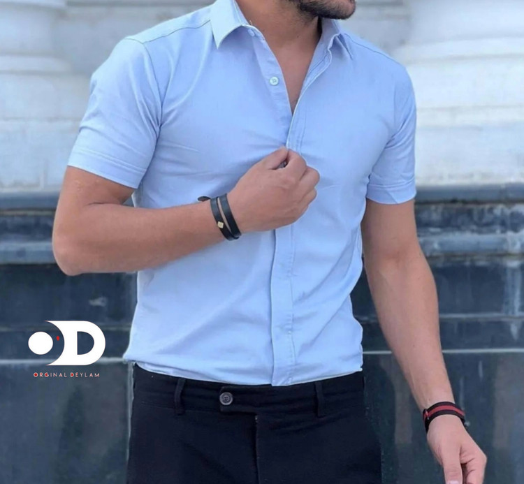 پیراهن آستین کوتاه آبی آسمانی مردانه پارچه ساتن کش پنبه