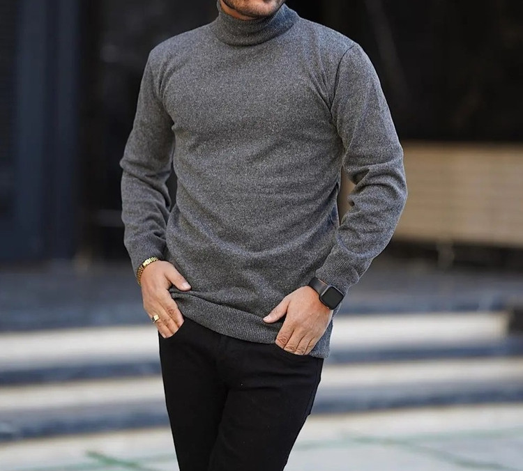 بافت ریز یقه اسکی مردانه رنگ طوسی تیره-فری سایز