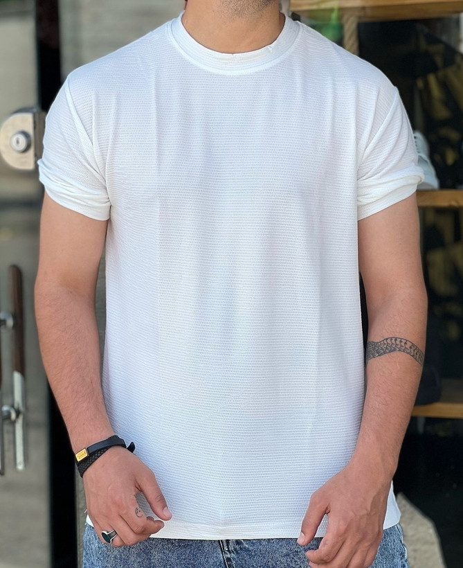 تیشرت سفید بیسیک کنفی بافت ریز موزاییکی-بسیار خنک