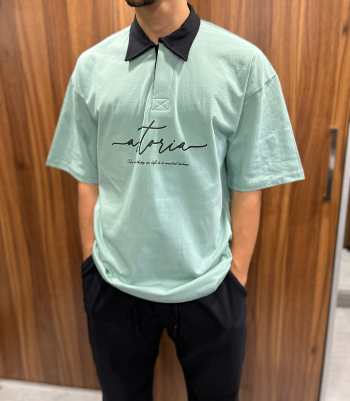 تیشرت باکسی یقه دار رنگ سبز پنتون