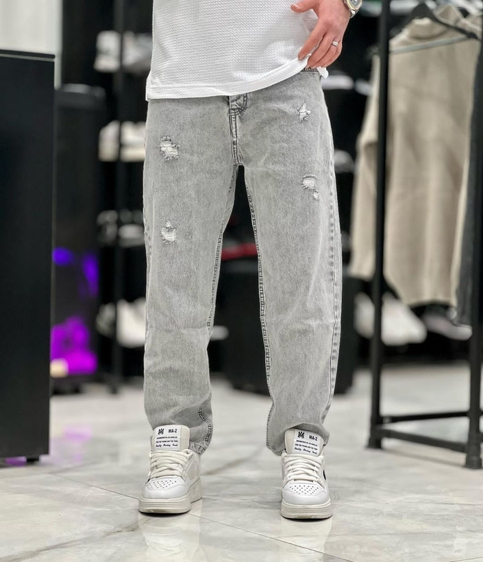 شلوار جین بوی فرند مردانه پارچه کجراه - طوسی گرم بالا