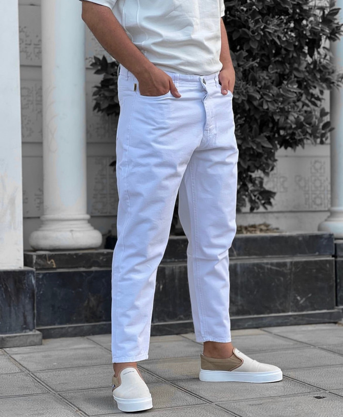 شلوار مام فیت سفید مردانه پارچه کجراه کد MW253