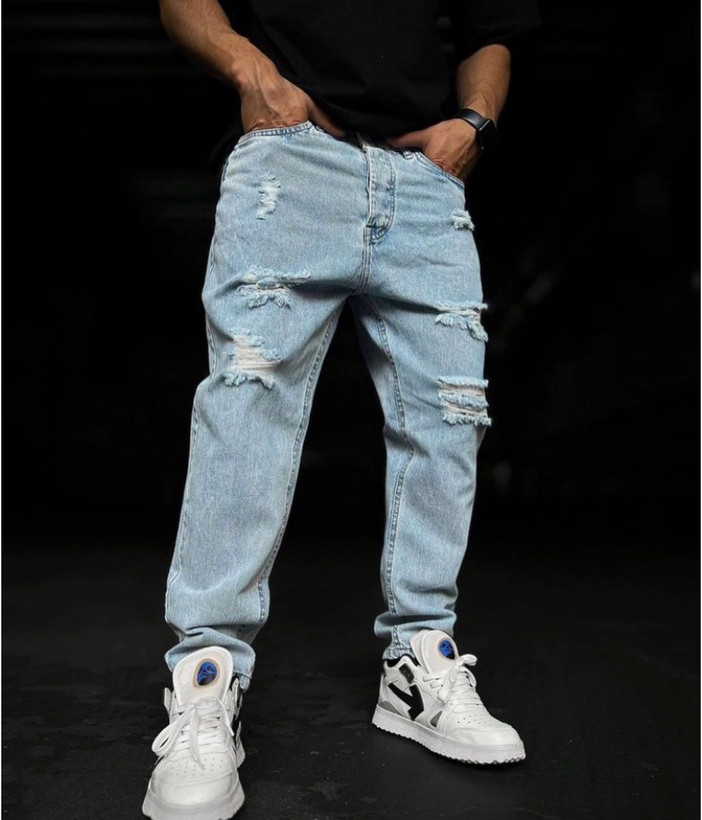 شلوار مام فیت مردانه یخی زاپ پاره