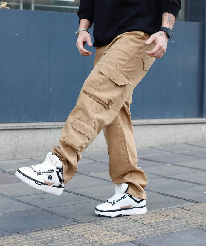 شلوار کارگو کرم قهوه ای مردانه کتان درجه یک