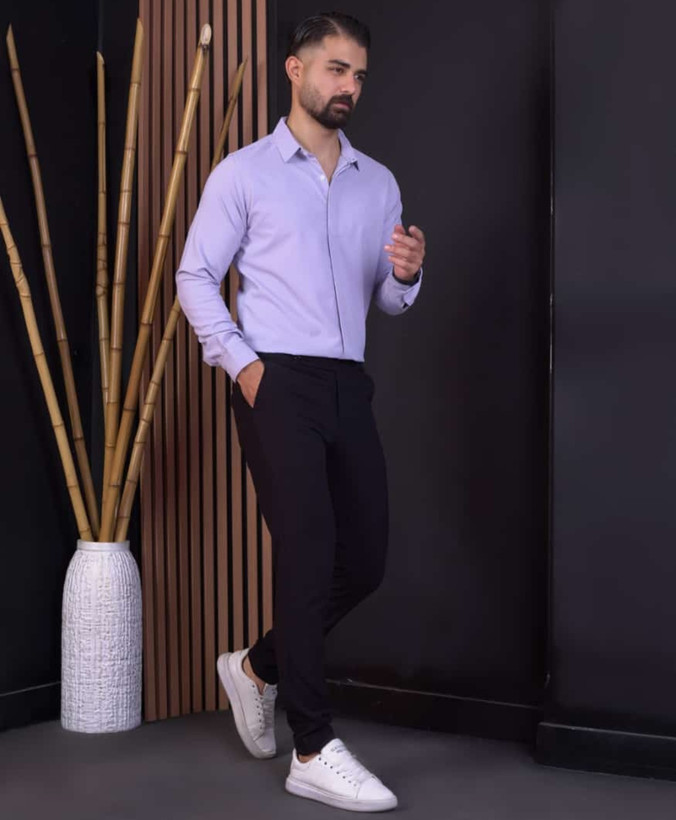 پیراهن مردانه مجلسی پارچه دوشین رنگ آبی یاسی