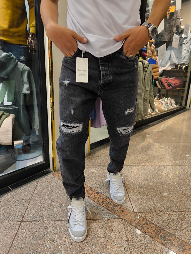 شلوار مام فیت ذغالی روشن زاپ دوختی زانفیکس فوق العاده شیک