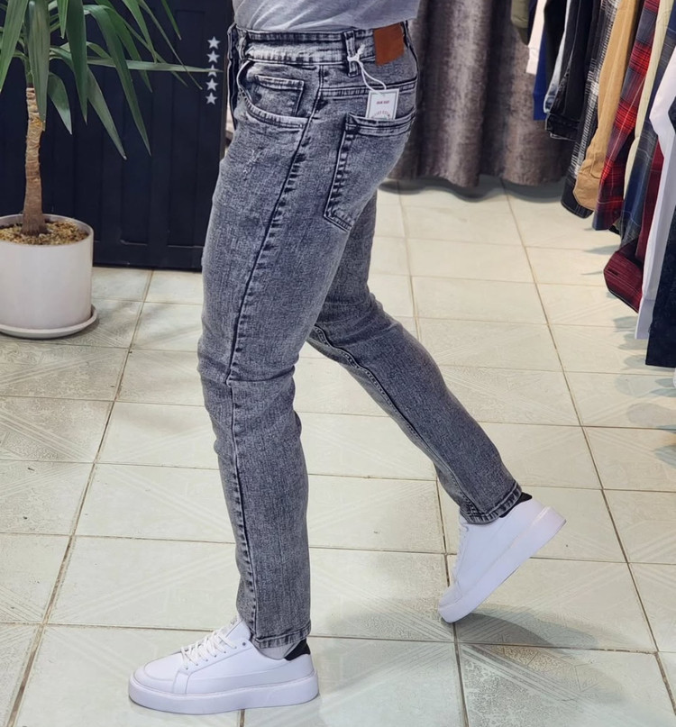 شلوار جین راسته اسلیم فیت طوسی فول کش پارچه پنبه سنگشور