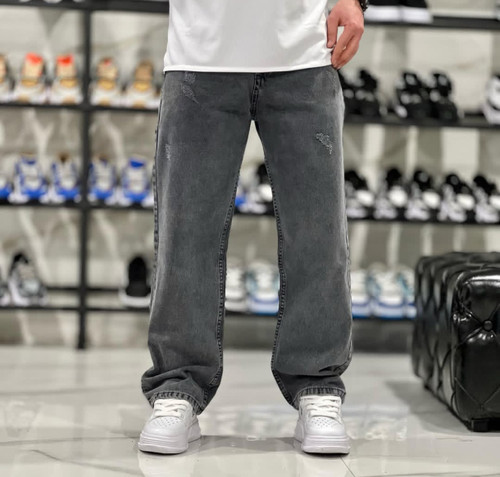 شلوار بگ مردانه ذغالی روشن زاپ سطحی پارچه جین کجراه /اورجینال دیلم