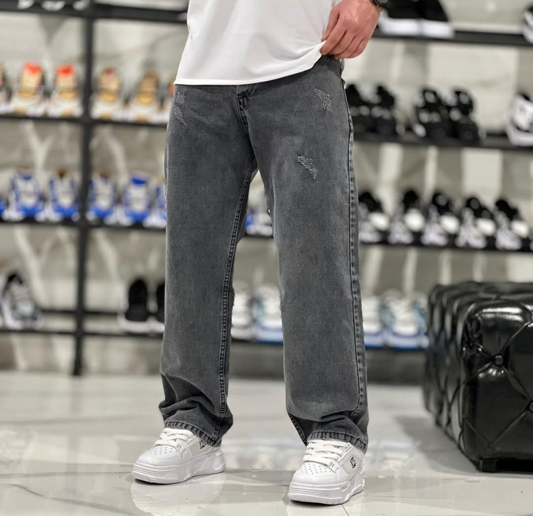 شلوار بگ مردانه ذغالی روشن زاپ سطحی پارچه جین کجراه /اورجینال دیلم