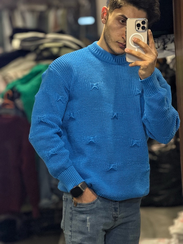 پلیور بافت یقه گرد زاپ دار با رنگ چشمنواز آبی فیروزهای