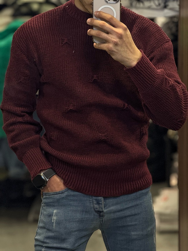 پلیور بافت یقه گرد زاپ دار زرشکی