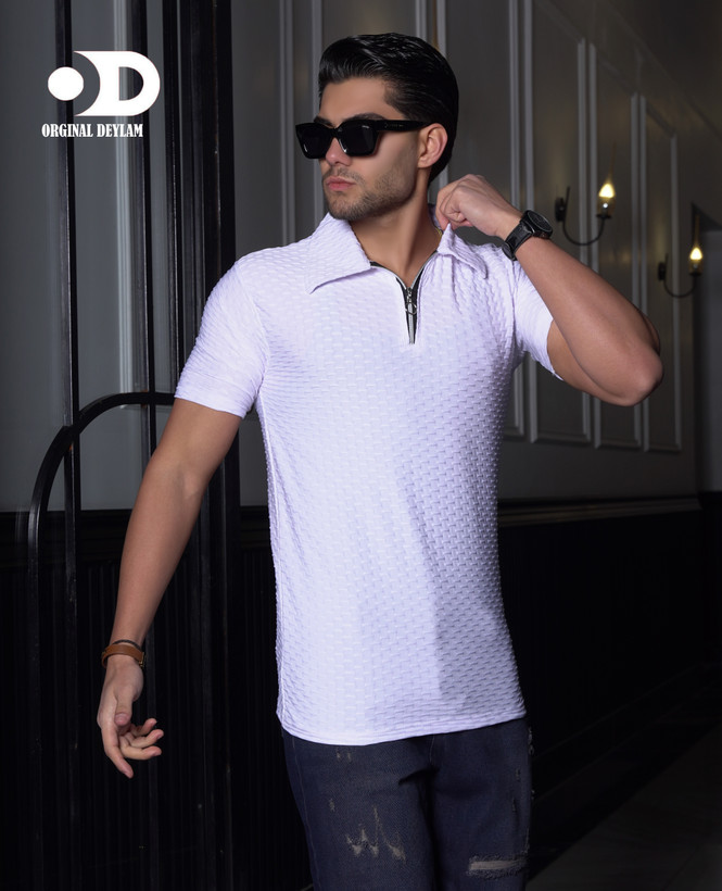 تیشرت نیم زیپ سفید مردانه پارچه مراکشی