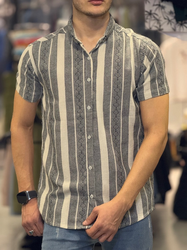 پیراهن کنفی مردانه آستین کوتاه طرح خفن وینتیج کد 1