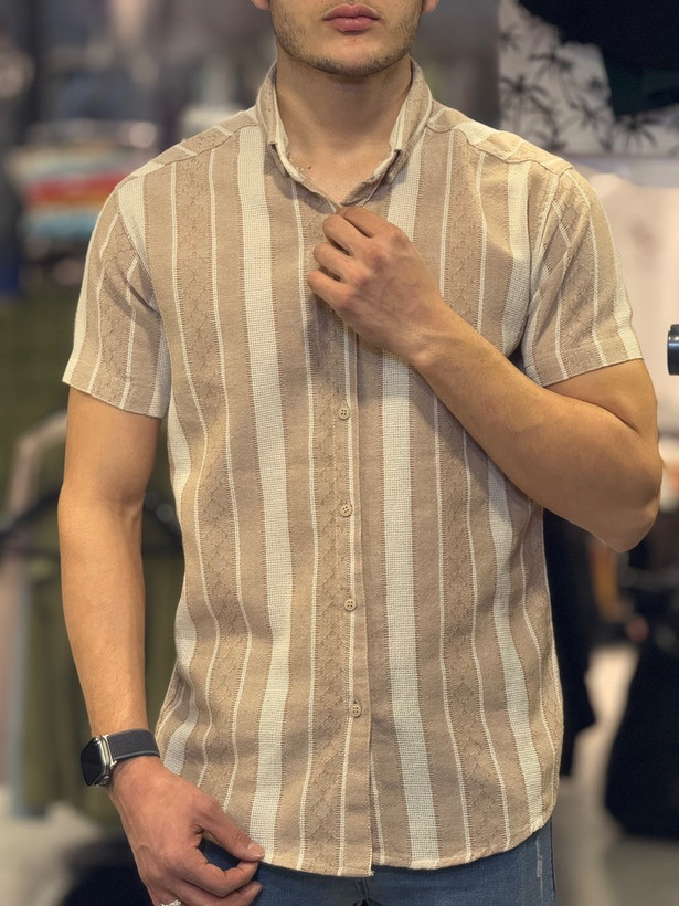 پیراهن کنفی مردانه آستین کوتاه طرح راه راه میله ای فوق خنک کرم کد 2