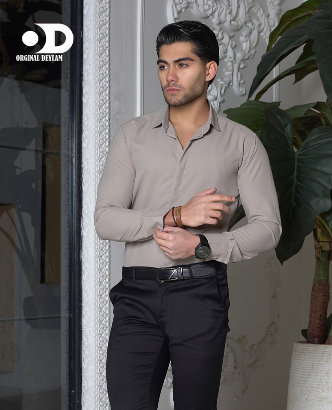پیراهن مردانه ساده رنگ نسکافه ای-استایل اسپرت کژوال پارچه دوشین