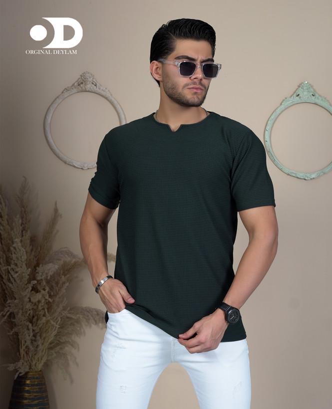 تیشرت یقه کوبایی سبز یشمی پارچه بیسکوییتی کد K524