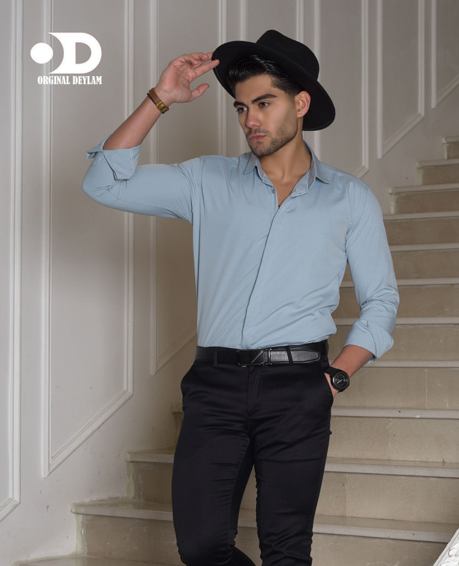 پیراهن مردانه پارچه دوشین رنگ آبی مازراتی