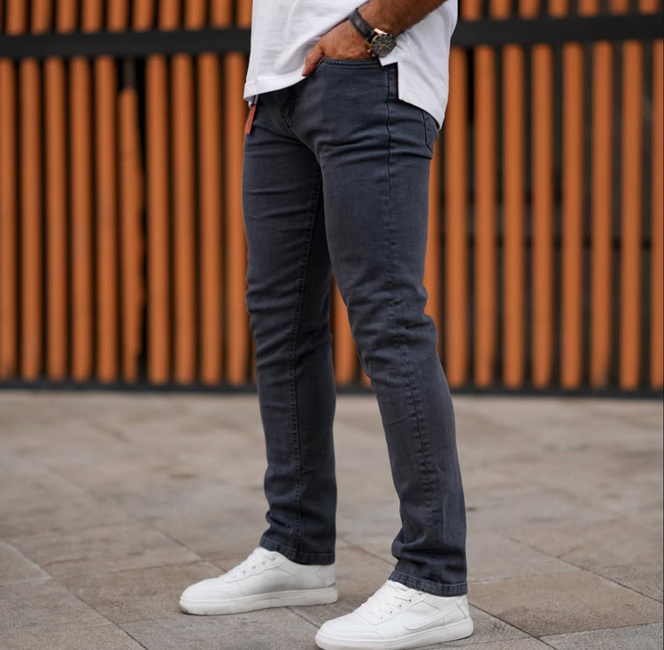 شلوار راسته رگولار مردانه ذغالی پارچه جین پنبه کش