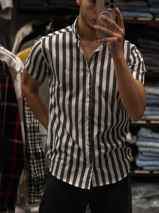 پیراهن آستین کوتاه میله ای راه راه مردانه نخ صددرصد