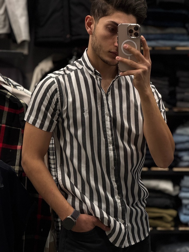 پیراهن آستین کوتاه میله ای راه راه مردانه نخ صددرصد