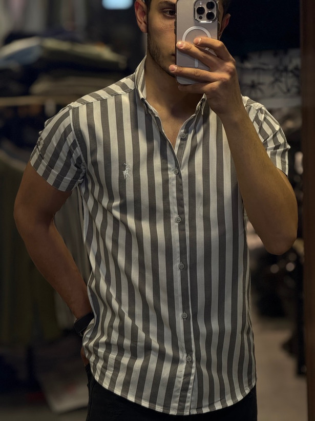 پیراهن آستین کوتاه میله ای راه راه مردانه نخ صددرصد