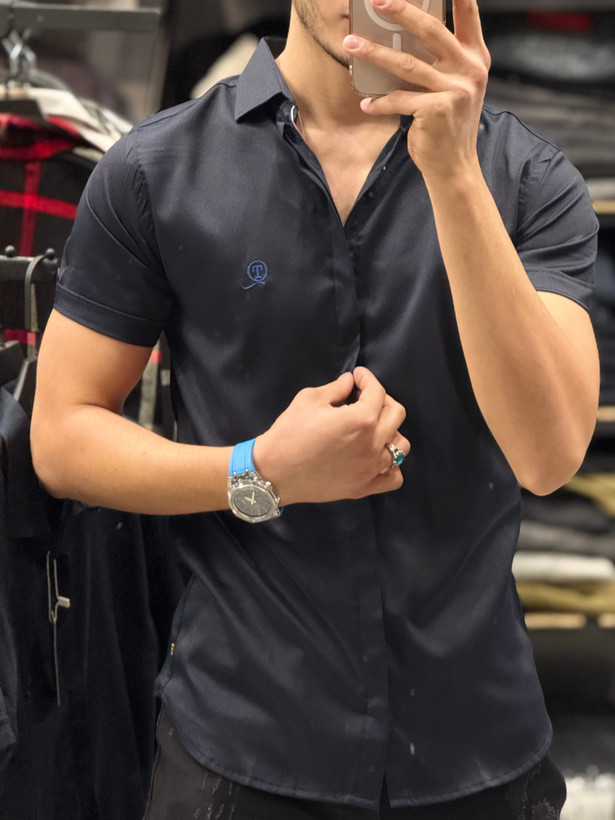 پیراهن آستین کوتاه سرمه ای مردانه پارچه سارینا