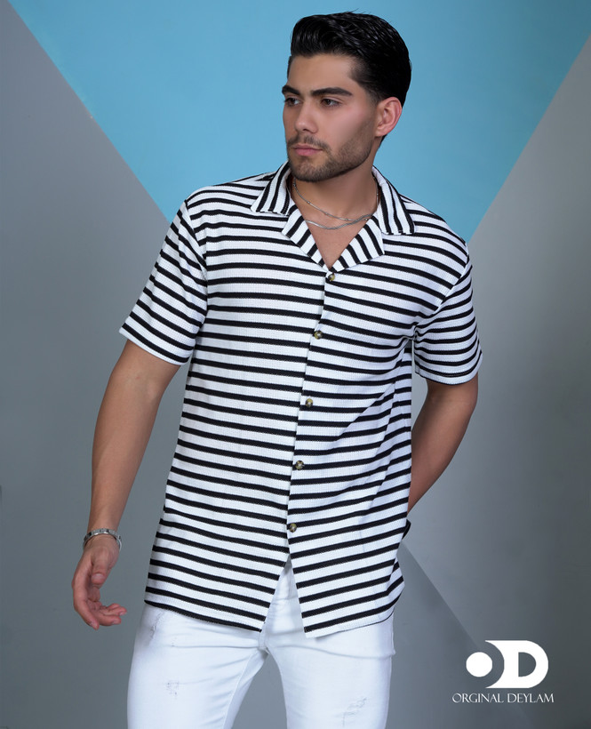 پیراهن یقه انگلیسی مردانه کنفی ربنگری پارچه اعلا تضمینی راه راه مشکی