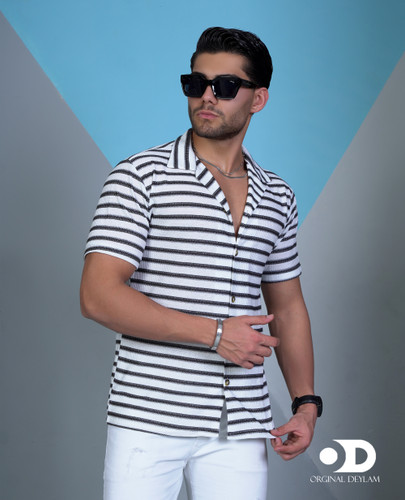 پیراهن یقه انگلیسی مردانه کنفی ربنگری پارچه راه راه افقی کد B