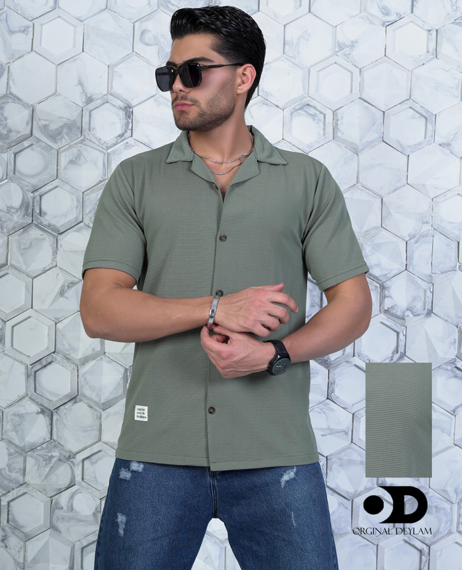 پیراهن یقه انگلیسی مردانه رنگ سبز سدری پارچه مراکشی میله ای گرم بالا