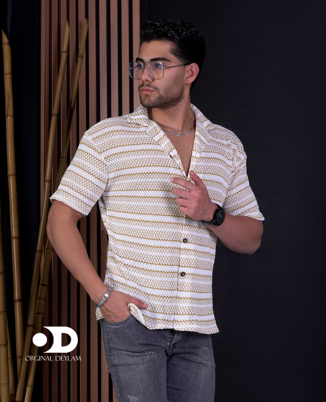 پیراهن یقه انگلیسی مردانه کرم طلایی رینگری فوقالعاده شیک و خاص