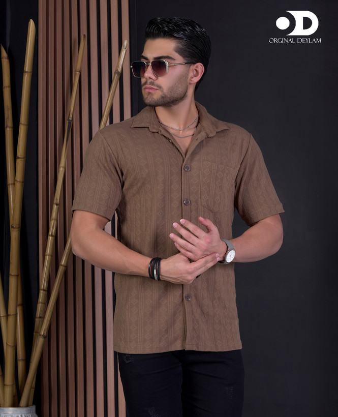 پیراهن یقه انگلیسی مردانه تک جیب آستین کوتاه رنگ شتری