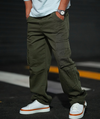 شوار کارگو دمپا بندی مردانه پارچه کتان گرم بالا | سبز لجنی پارچهجین درجه یک