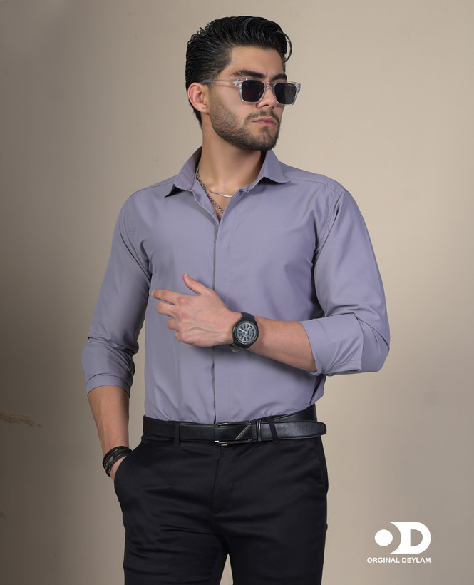 پیراهن دوشین اسپرت-مجلسی مردانه رنگ دلفینی|یقه خرگوشی