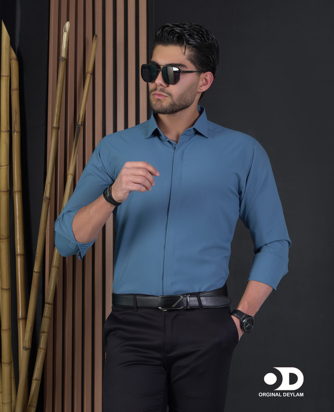 پیراهن دوشین اسپرت-مجلسی مردانه رنگ آبی مازراتی | یقه خرگوشی snt