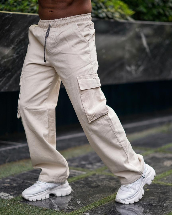 شلوار کارگو بگ مردانه کرم روشن پارچه جین کجراه