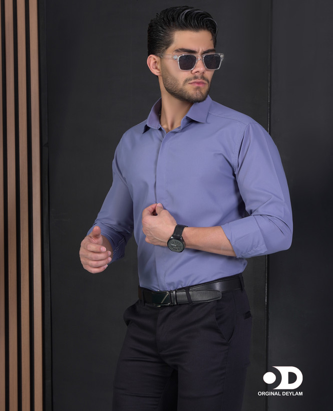 پیراهن دوشین اسپرت-مجلسی مردانه رنگ آبی خاص کد a25 | یقه خرگوشی snt کراوات خور
