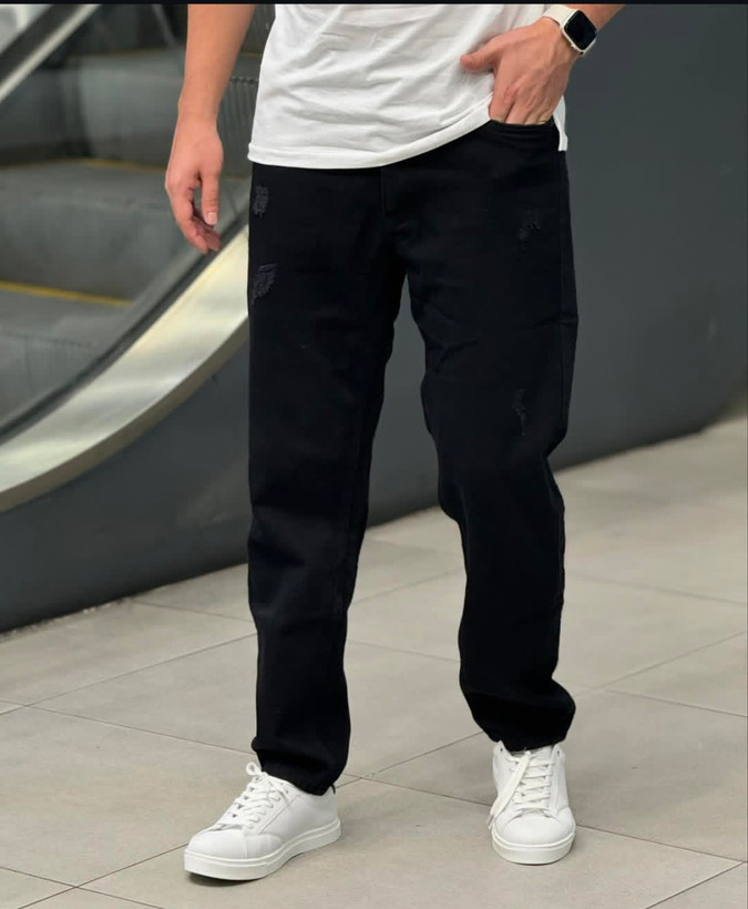 مام فیت مشکی پر کلاغی مردانه پارچه جین گرم بالا