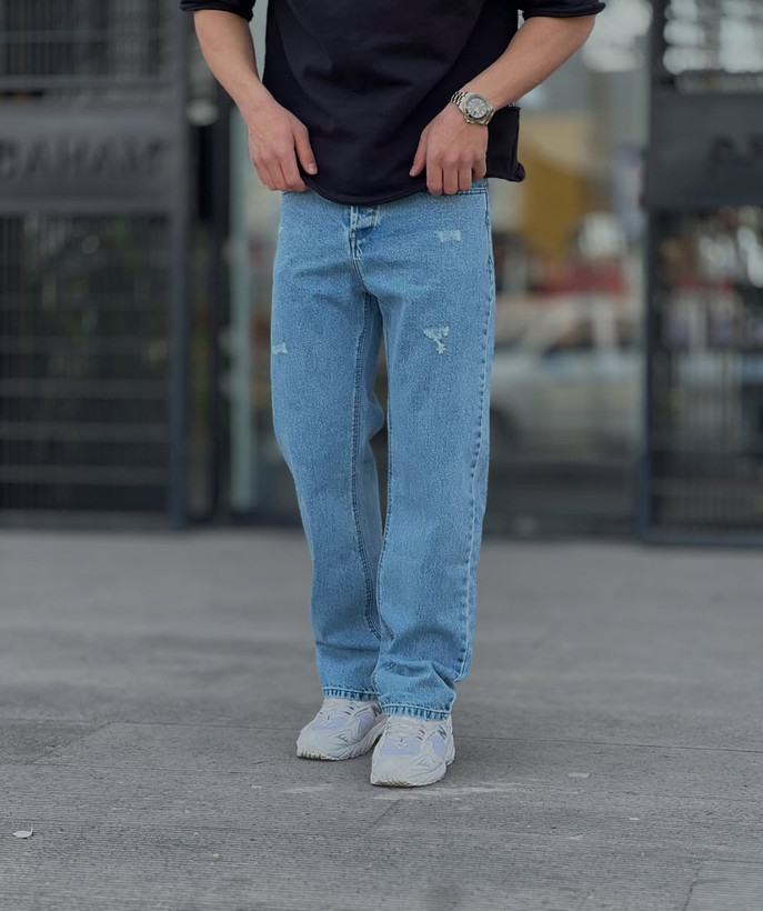 شلوار جین بگ مردونه رنگ آبی یخی سنگشور | بهترین قیمت چ