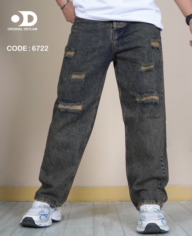 شلوار بگ زاپ پاره مردانه رنگ فوقالعاده خاص و شیک نفتی گازوییلی - استایل مدرن ۲۰۲۵