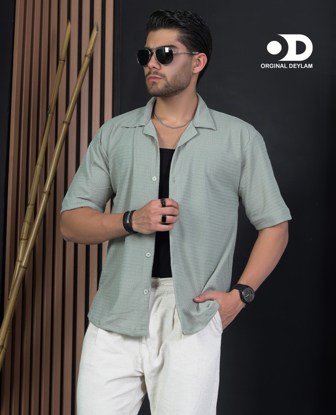 پیراهن یقه انگلیسی باکسی آستین سه ربع رنگ سبز پسته ای پارچه مراکش