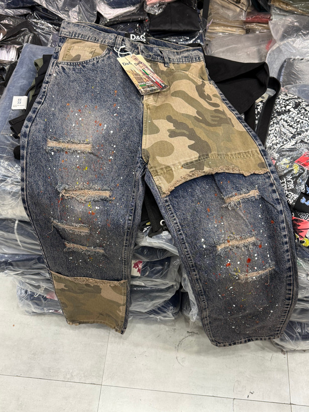 🔥 شلوار نیم بگ کاستوم Camo Distressed - پچ ارتشی 🔥
