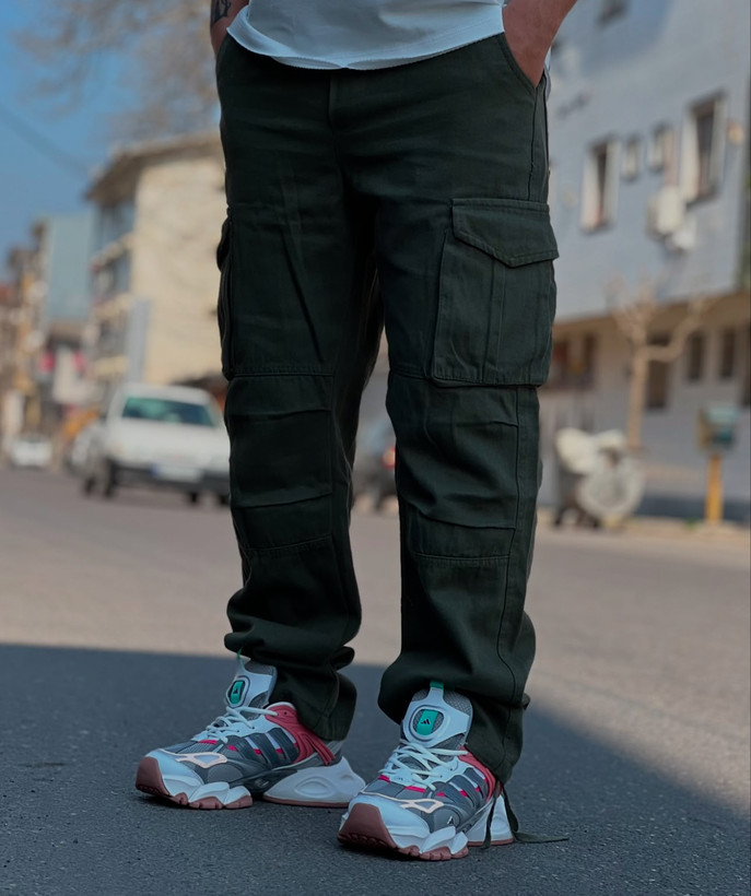 اسلش بگ کارگو مردانه رنگ سبز لجنی پارچه جین کجراه