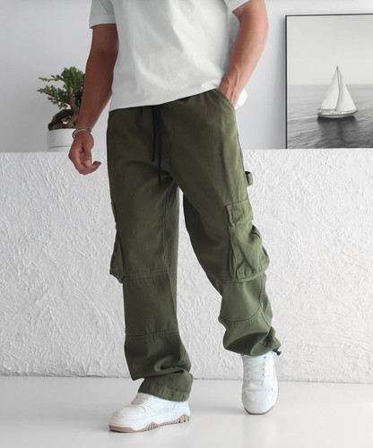 شلوار کارگو نیم بگ ۷ جیب مردانه رنگ سبز سدری | پارچه کتان کجراه