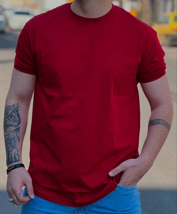 تیشرت ساده بیسیک قرمز مردانه پارچه نخ پنبه دو رو لاکرا دار